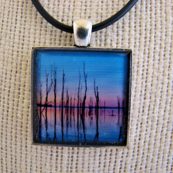 Resin Pendant, Sunset, Blue, Pink, Black, Orange 1 inch, Square, For Her