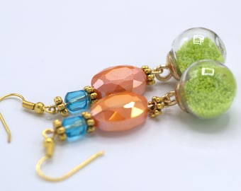 Beaded Dangle Earrings in Blue, Orange and Lime Green