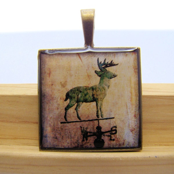 Resin Pendant, Deer Weather Vane, Brown, Beige, 1 inch, Square, Rustic, Unisex