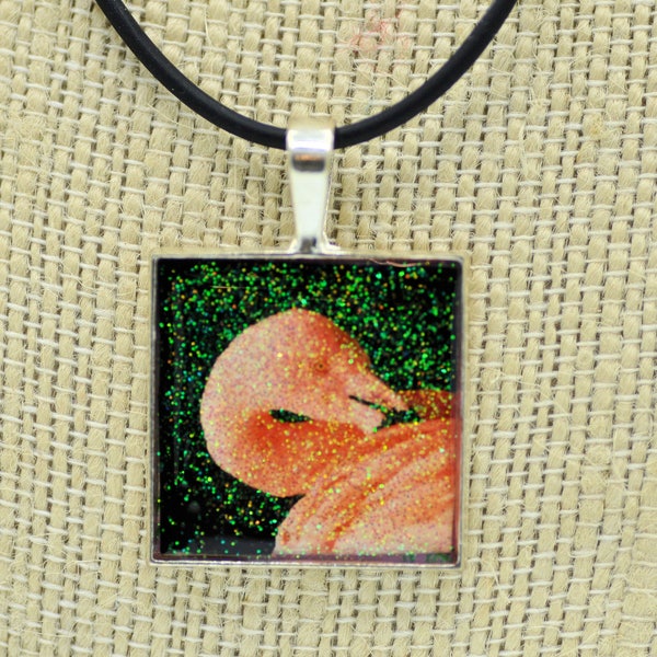 Resin Pendent, Flamingo, Pink, Black, Glitter, 1 inch, Square