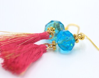 Hot Pink and Gold Dangle Earrings