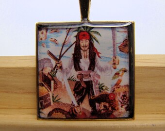 Resin Pendant, Pirate, Brown, Black, Blue, Red, Beige, 1 inch, Sqaure