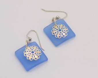 Dangle Earrings, Sea Glass, Blue, Filigree Beads,  For Her