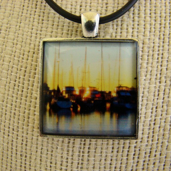 Resin Pendant, Sunset, Blue, Yellow, Black, Boats 1 inch, Square, For Her