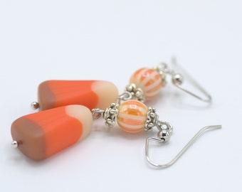 Halloween Candy Corn Earrings in Brown, White and Orange
