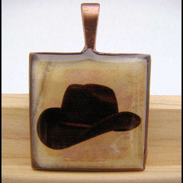 Resin Pendant, Cowboy Hat, Country, Western, Unisex, Necklace, Brown, Beige