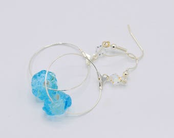 Blue Glass Bead Dangle Hoop Earrings