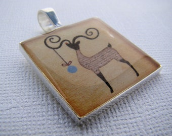 Resin Pendant, Reindeer, Primitive, Christmas, Holidays, Blue, Brown, Black, Beige, 1 inch, Square, For Her