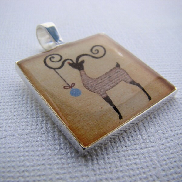 Resin Pendant, Reindeer, Primitive, Christmas, Holidays, Blue, Brown, Black, Beige, 1 inch, Square, For Her