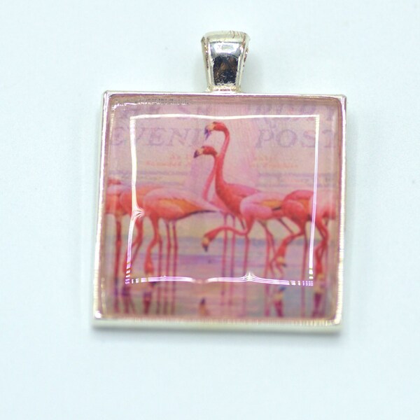 Flamingo Pendant, Resin, Pink, White, 1 inch, Square