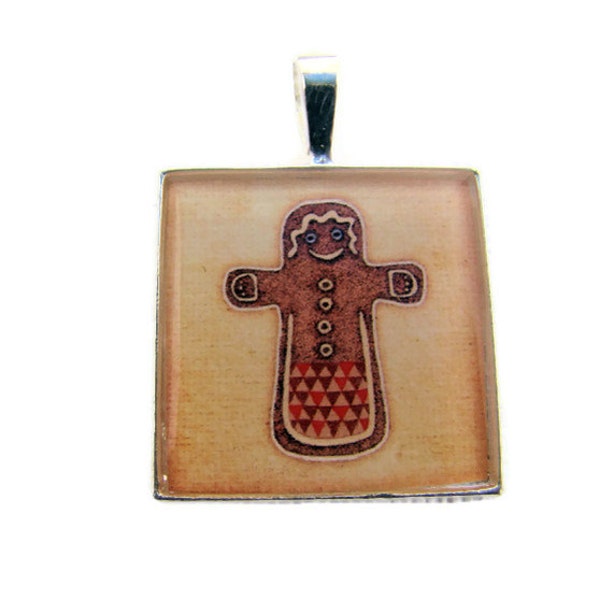 Resin Pendant, Gingerbread Man, Christmas, Orange, Yellow, Black, White, 1 Inch, Square