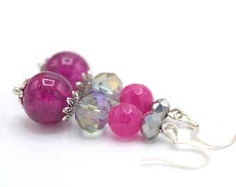 Beaded Dangle Earrings in Pink, Gray and Silver