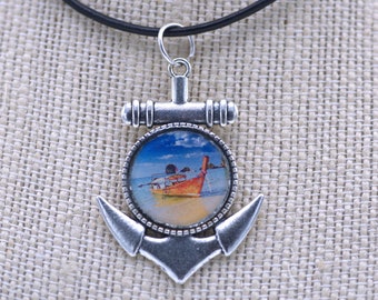 Longtail Boat,  Resin Pendant, Blue, Orange, Unisex