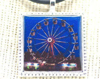 Ferris Wheel Resin Pendant, Blue, Unisex, Square, 1 inch, Silver