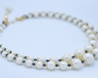 Necklace, Beaded with White Faux Pearls and Blue Crystals, Double Stranded, Graduated.