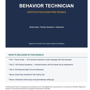 Może przedstawiać: Niebiesko-biała grafika dla pakietu przygotowawczego do egzaminu certyfikacyjnego Technika Zachowań. Tekst zawiera "Przewodnik po nauce, Pytania praktyczne, Fiszek" oraz "Co zawiera ten pakiet".