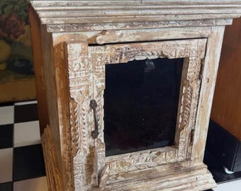 Antique Wooden White Washed Side Table Cabinet Humidor Rustic Decor