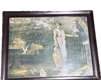 Litografía antigua enmarcada: Escena de cortejo victoriano-eduardiano.