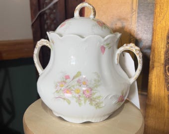 J Pouyat Limoges Francia Rosa Virginia Tapa de tarro de azúcar pintada a mano Estilo Cottagecore
