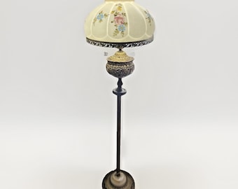 Antique Ornate Brass Floor Lamp Hand Painted Floral Shade Victorian Baroque
