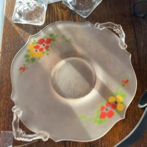 Vintage Reverse Painted Floral Frosted Glass Dish Ornate Handles Clear