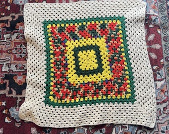 Vintage Hand Crocheted Tablecloth Colorful Rainbow Cottagecore Square 32”