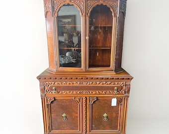 Antique French Ornate Carved Wood Hutch Cabinet Glass Doors Brass Pulls
