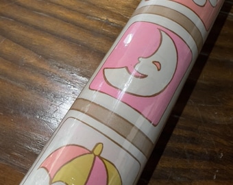 Vintage 60s Baby Shower Wrapping Paper In Pink Orange Yellow Moon Cradle