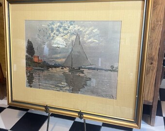 Stampa vintage incorniciata e con passepartout raffigurante una barca a vela di Claude Monet, grande formato 32" x 26".