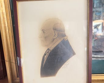 Boceto antiguo enmarcado en madera, ejemplar de librería colonial firmado, historia familiar en el reverso.