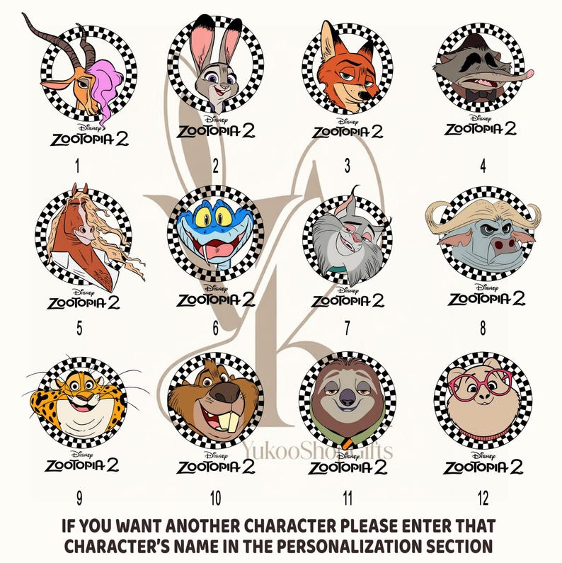 May include: A collection of 12 circular Zootopia 2 character designs, each set against a black and white checkered background. The characters include a gazelle, rabbit, fox, raccoon, horse, snake, lynx, buffalo, cheetah, beaver, sloth, and a pig wearing glasses.