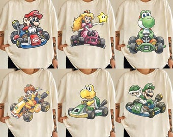 Camiseta de Super Mario con personajes en acuarela, regalo de cumpleaños de Nintendo para viajes familiares.