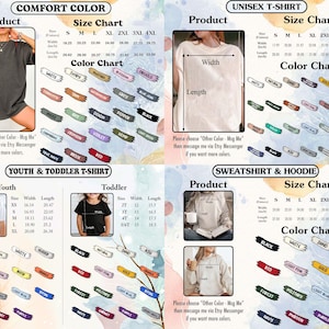 May include: Image featuring size and color charts for various t-shirts and hoodies. Charts include measurements in inches for width and length, along with a wide array of color options. The image also shows examples of the products.