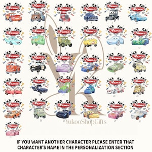 May include: A collection of thirty-one numbered cartoon car illustrations, each featuring a red banner with the text Name, checkered flags, and trophies. The image includes text at the bottom stating: IF YOU WANT ANOTHER CHARACTER PLEASE ENTER THAT CHARACTER'S NAME IN THE PERSONALIZATION SECTION.