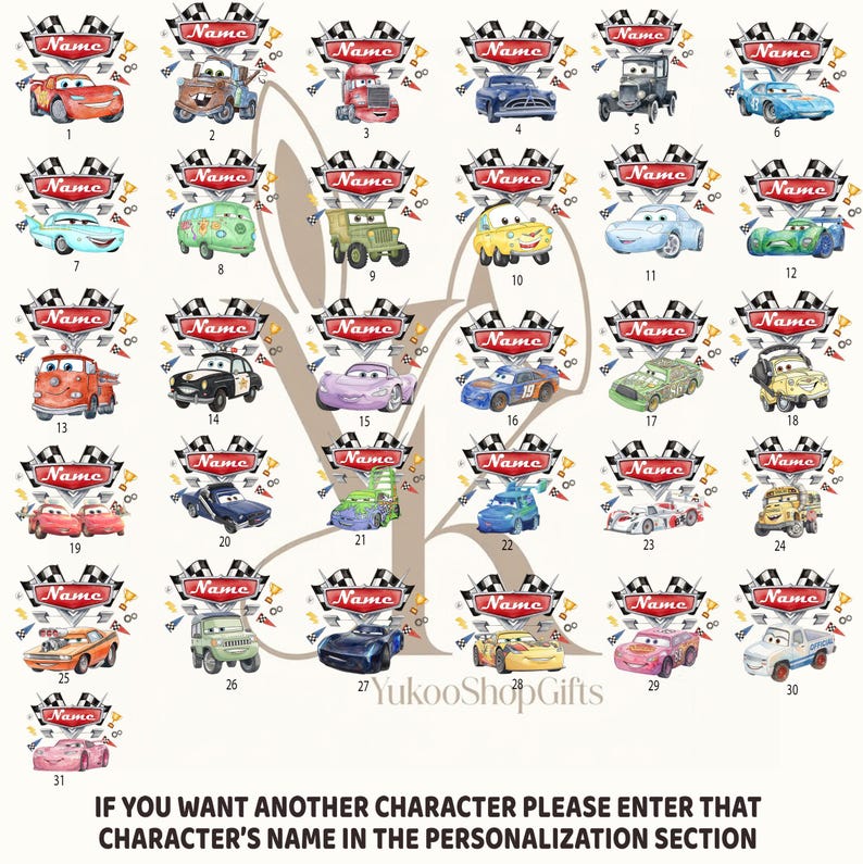 May include: A collection of thirty-one numbered cartoon car illustrations, each featuring a red banner with the text Name, checkered flags, and trophies. The image includes text at the bottom stating: IF YOU WANT ANOTHER CHARACTER PLEASE ENTER THAT CHARACTER'S NAME IN THE PERSONALIZATION SECTION.