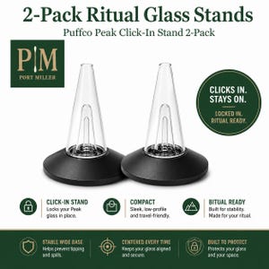 May include: Two black circular stands for Puffco Peak glass attachments. The stands feature a click-in mechanism for stability. Text on the image includes 2-Pack Ritual Glass Stands, Port Miller, Clicks In. Stays On. Locked In. Ritual Ready, and feature descriptions.