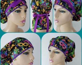 themeprint Surgical Bouffant Hat MARDI GRAS Icons wLime Brim Handmade.