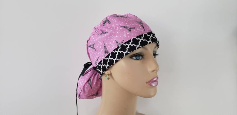 Turn Up Ponytail  Medical Cap 100 /% Cotton The City of Love  Chevrons
