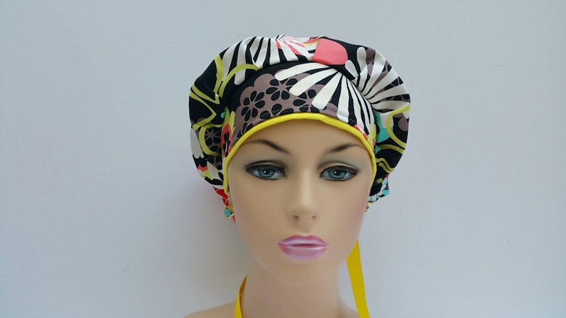 100 /% Cotton Flowers and Petals Over A Dark Ground Bouffant CapMedical CapSurgical Scrub Hat