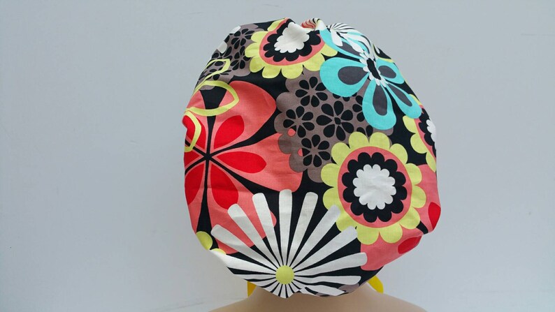 100 /% Cotton Flowers and Petals Over A Dark Ground Bouffant CapMedical CapSurgical Scrub Hat