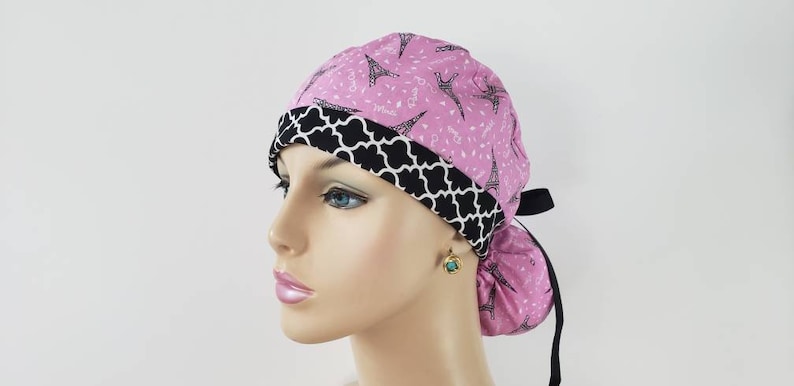Turn Up Ponytail  Medical Cap 100 /% Cotton The City of Love  Chevrons