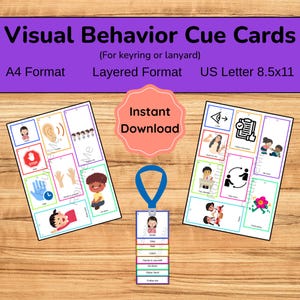 May include: Visual behavior cue cards featuring colorful illustrations and text for classroom management. Includes A4 and 8.5x11 inch formats, a printable sheet of cards, and a vertical strip attached to a blue lanyard for a keyring.