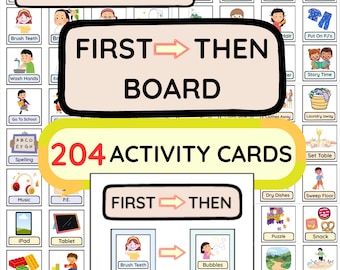 May include: A visual schedule board with the text "FIRST THEN BOARD" and "204 ACTIVITY CARDS". Includes cards with illustrations for daily routines like brushing teeth, washing hands, and playing. The board is designed for A4 and US Letter sizes.