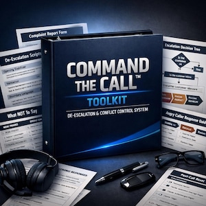 May include: A dark blue binder with the text "COMMAND THE CALL TOOLKIT" and the subtitle "DE-ESCALATION & CONFLICT CONTROL SYSTEM." The image also shows documents, a headset, glasses, a pen, and a car key, suggesting a business or training theme.