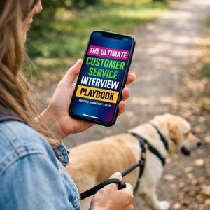 May include: A smartphone displays the text "THE ULTIMATE CUSTOMER SERVICE INTERVIEW PLAYBOOK" in a park setting. The phone is held by a person wearing a denim jacket, with a golden Labrador dog on a leash in the background.