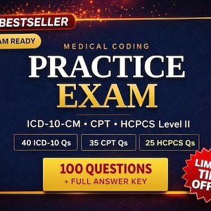 Medical Coding Practice Exam, ICD-10, CPT, HCPCS Study Guide (Digital Download)