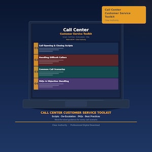 May include: A laptop screen shows a "Call Center Customer Service Toolkit." The screen displays sections for scripts, de-escalation, FAQs, and best practices. The toolkit includes guidance for every call scenario. The top right corner has a yellow box with the text "Call Center Customer Service Toolkit."