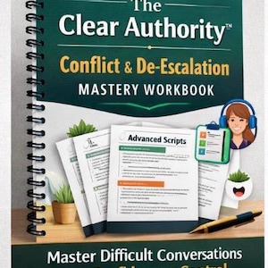 May include: A spiral-bound workbook titled "The Clear Authority" with the subtitle "Conflict & De-Escalation Mastery Workbook." The cover is dark teal with white and gold text. The image includes pages with text, a pen, and a cartoon of a person with headphones.