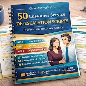 May include: A spiral-bound book titled "50 Customer Service De-Escalation Scripts" with a blue cover featuring illustrations of a man and woman wearing headsets. The book is open, with pages and a coffee mug visible. The text includes "Clear Authority" and "Professional Response Library."