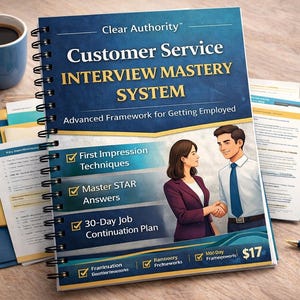 Può includere: Un manuale di formazione intitolato "Customer Service Interview Mastery System" con il testo "Advanced Framework for Getting Employed". La copertina presenta un uomo e una donna che si stringono la mano. Sono visibili anche una tazza di caffè blu e una piccola pianta in vaso.